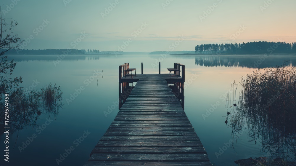 Fototapeta premium Serene Lake Dock: Peaceful Sunrise, Calm Water, Wooden Pier