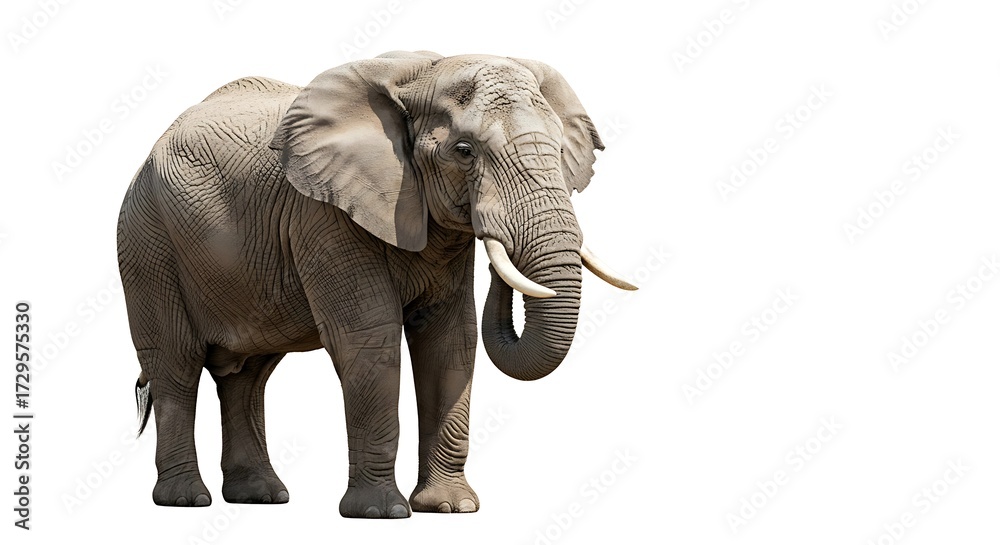 Obraz premium Full-Body View of Adult Elephant Standing on White Background with Large Ears, Curved Tusks, and Textured Gray Skin