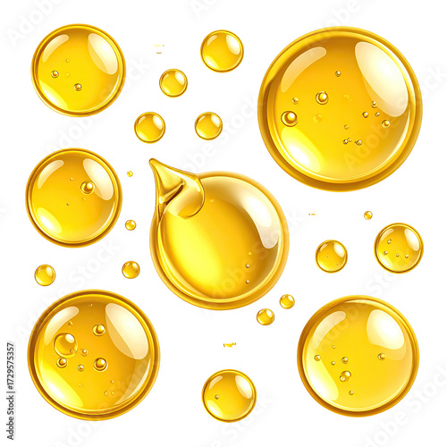 Golden liquid drops and bubbles.  Glossy, realistic depiction