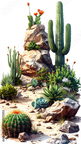 Desert landscape, featuring rocks, cacti, and succulents.  A path winds through a rocky terrain, abundant with desert flora.  Vibrant colors and detailed textures