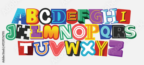 Colorful alphabet random letter shapes. Abstract capital letters for creative design.
