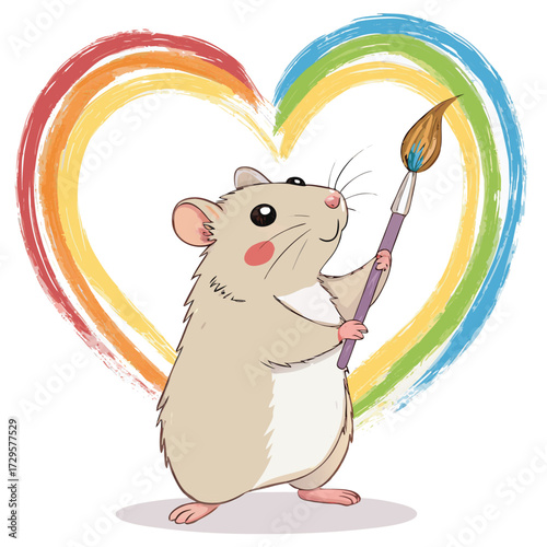 A cute hamster painting a rainbow heart with a paintbrush.
