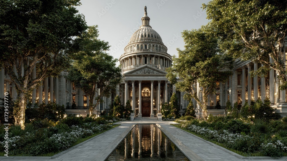 Fototapeta premium The United States Capitol Building Surrounded by Lush Greenery and Water Feature