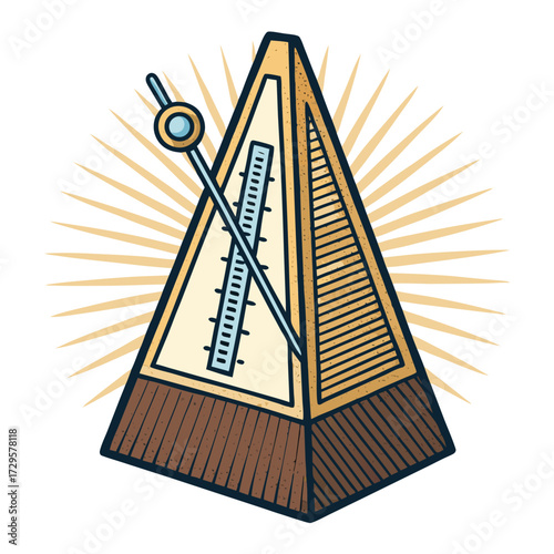 A cartoon metronome with radiating sunbeams in a vintage style.