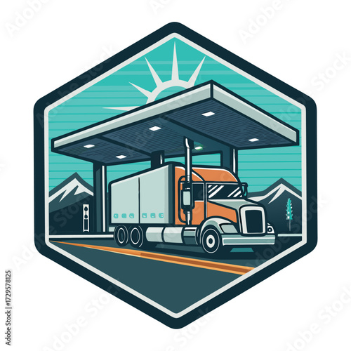 A graphic illustration of a semi-truck at a gas station in a mountainous landscape.