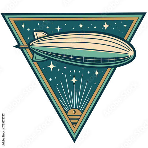 A vintage blimp flies through a starry night sky in a triangular design.