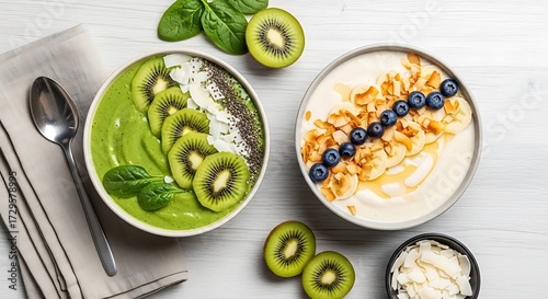 Fototapeta Naklejka Na Ścianę i Meble -  Invigorating smoothie bowls garnished with fresh fruits and delectable toppings