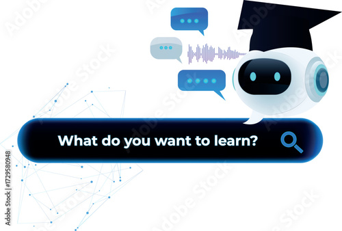 Autonomous educational chatbot invites you to learn what you want today. Advanced digital education. Global intelligence and academic support for schools, teachers, and students. Technological concept