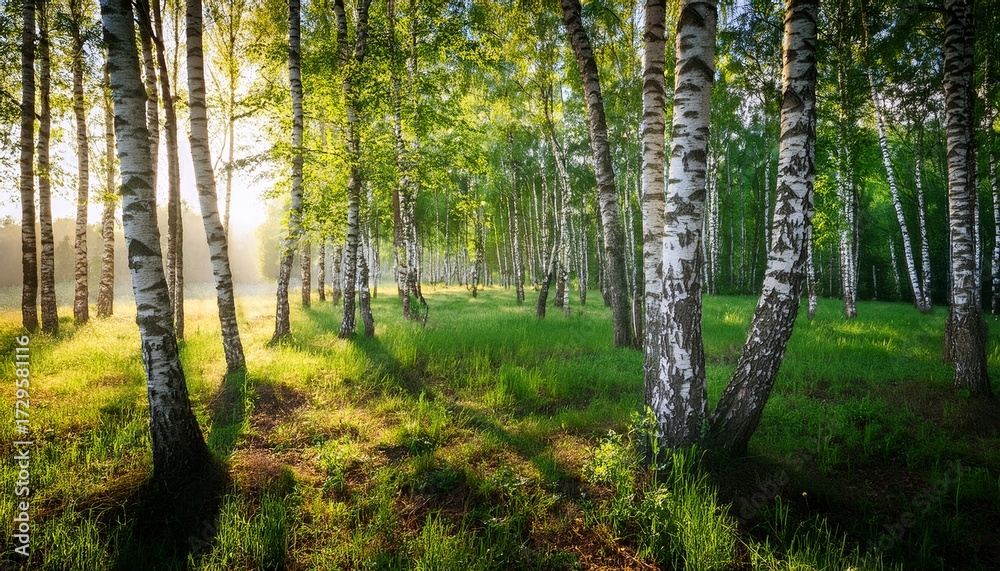 Fototapeta premium Birch Trees In A Summer Forest In Morning Sunlight