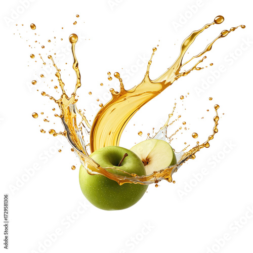 Green apple with juice splash against black backdrop