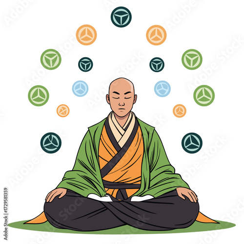 A bald monk meditates surrounded by colorful symbols in a spiritual setting.