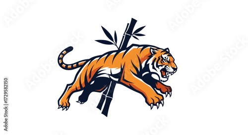 Roaring Tiger Leaping Past Bamboo Stalks in Striking Illustration.