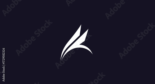 Abstract white logo design featuring stylized wings on a dark background.