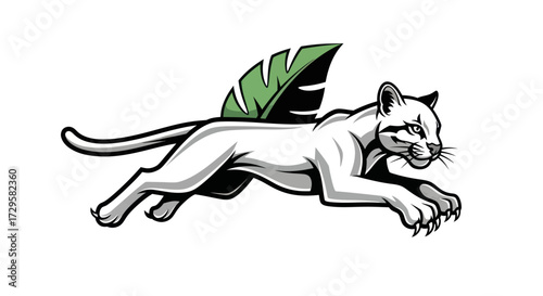 Mythical white puma with a large green leaf wing illustration.