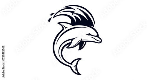 Stylized black and white dolphin jumping with a wave crest.