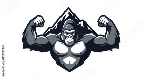 Powerful Gorilla Mascot with Mountain Backdrop Flexing Muscles.