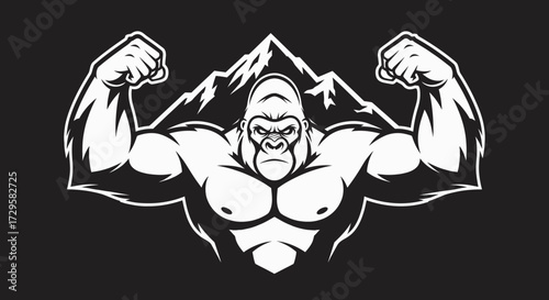 Powerful Gorilla Mascot with Biceps Flexed and Mountain Backdrop.
