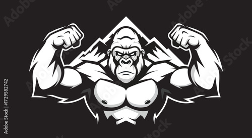 Powerful muscular gorilla flexing biceps in a monochrome vector illustration.