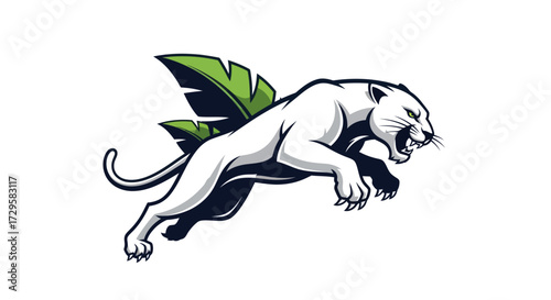 Majestic white panther with green wings soaring through the air.