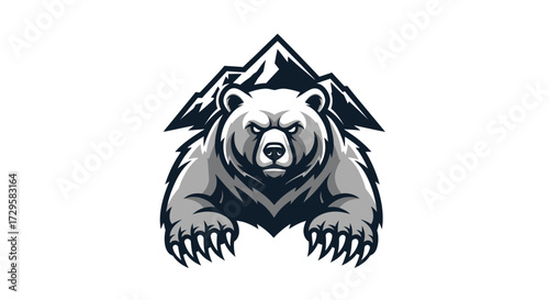 Fierce grizzly bear mascot with mountain peaks logo.