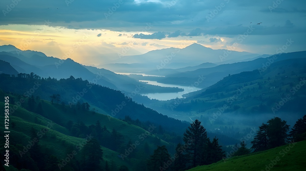 Fototapeta premium Scenic Mountain Landscape with River at Sunset