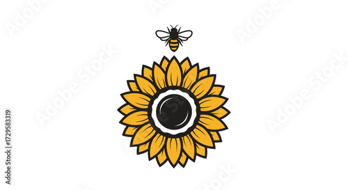 Bee hovering above a vibrant sunflower in full bloom natures beauty.