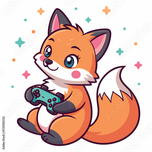 A cute cartoon fox is playing a video game with a controller.
