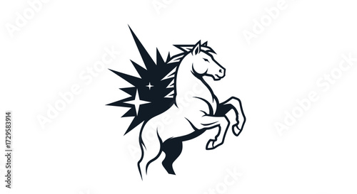 Majestic white horse rearing with starburst design elegant and powerful.