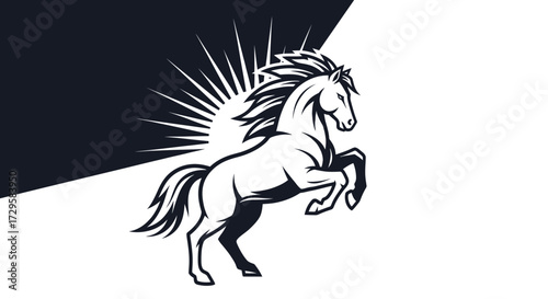 Majestic horse rearing with sunburst design in monochrome artwork.