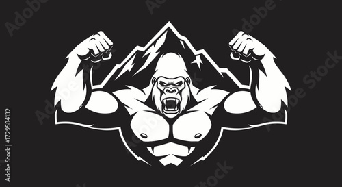 Powerful Gorilla Flexing Muscles Mountain Peak.