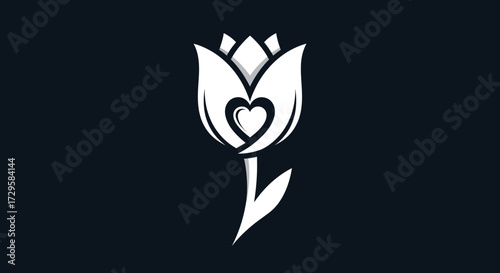 Minimalist white tulip flower emblem with heart shape.