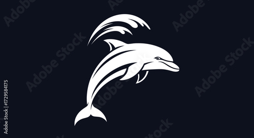 White dolphin leaping from the water against a dark background.