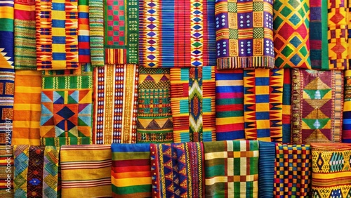 Colorful Kente cloth fabric with vibrant patterns and bold designs made from soft cotton fabric, Traditional textile, Cultural patterns