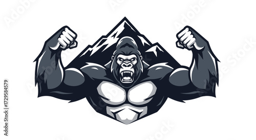Powerful Gorilla Mascot Flexing Muscles with Mountain Backdrop.