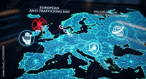 European Anti-Trafficking Day: The world map is lit in blue, overlaid with a network of interconnecting lines that pulse with the glow of digital data, symbolizing the fight against human trafficking