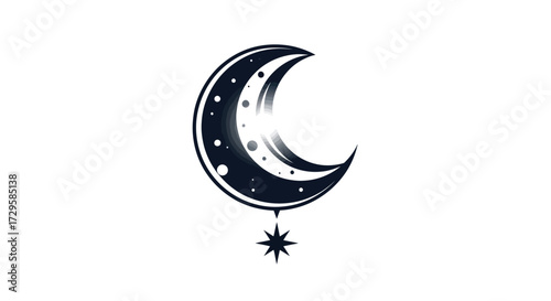 Mystical crescent moon with a hanging star symbol representing night and cosmic wonder.