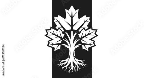 Black and white stylized tree of life design with roots and leaves.