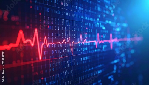 Vibrant red digital pulse wave overlays a futuristic blue data grid with abstract bokeh lights, symbolizing health technology and data. Generated image