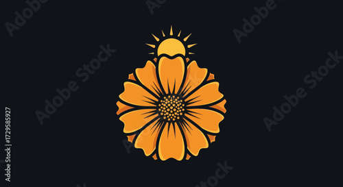 Stylized orange marigold flower with a rising sun logo.