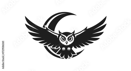 Black owl with spread wings in front of a crescent moon.