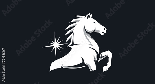Powerful White Horse Logo Design with Starburst Detail.