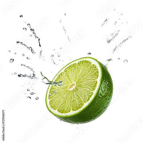 Half lime splashing water on black background, fresh, juicy