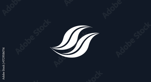 Elegant white logo design featuring two stylized curved shapes on dark background.