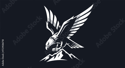 Majestic Eagle Landing Atop Mountain Peak Illustration in Black and White.