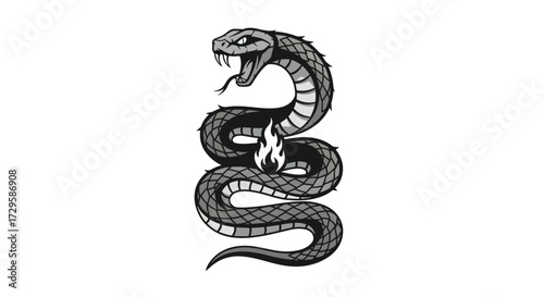 Coiled Snake with Open Mouth and Flames Illustration.