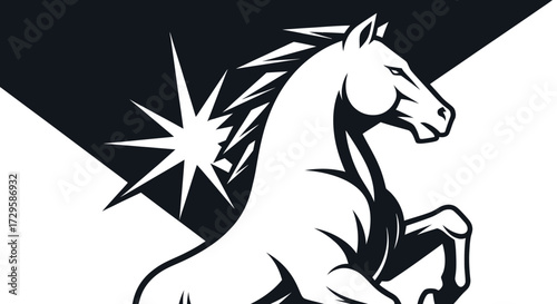 Majestic White Horse Rearing Up in Striking Black and White Illustration.