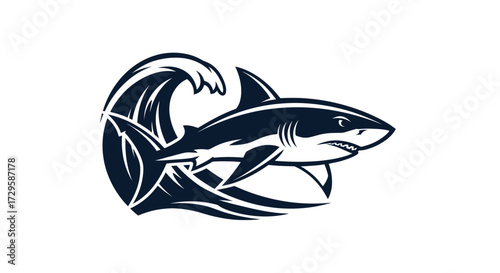 Powerful shark logo design ocean predator aggressive stance dynamic wave fierce marine animal aquatic creature.