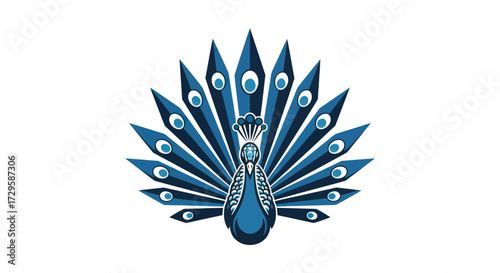 Stylized Blue Peacock with Fanned Tail Feathers.