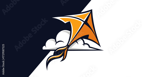Stylized orange kite with fiery tail flying through clouds graphic illustration.