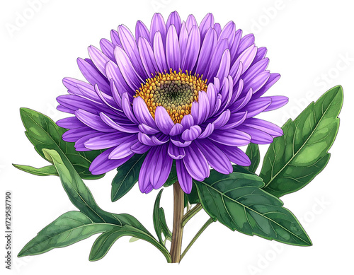 Detailed illustration of a vibrant purple aster flower